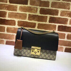GUCCI Supreme Monogram Calfskin Small Padlock Top Handle Bag Beige Black Cuir